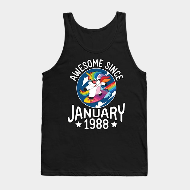 Happy Birthday 33 Years Old To Me Dad Mom Son Daughter Unicorn Surfing Awesome Since January 1988 Tank Top by DainaMotteut